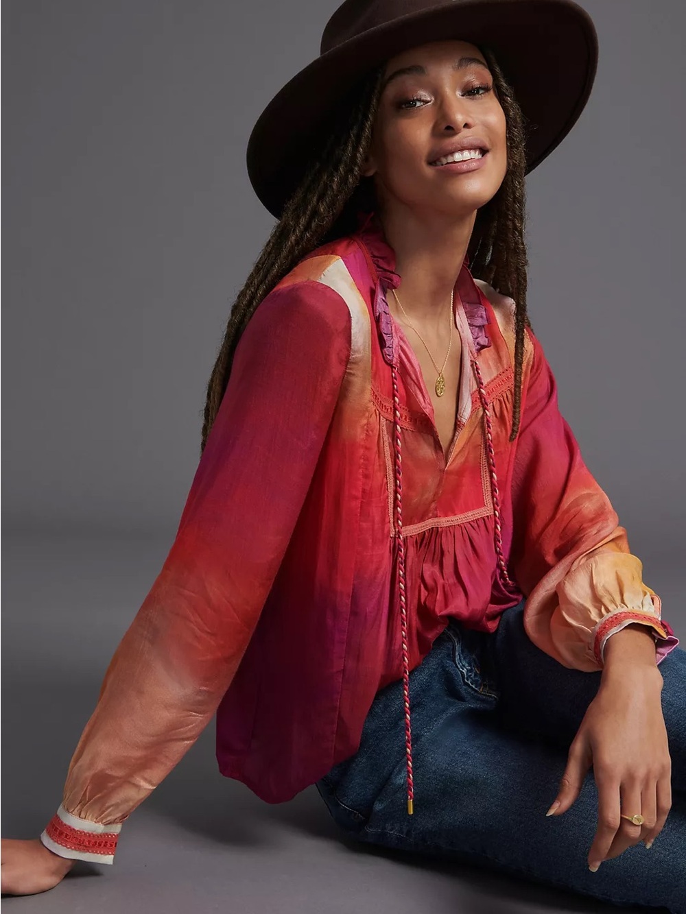 Conditions Apply Tie-Neck Ombre Peasant Blouse in Warm Sunset Colors - Picture 3 of 8